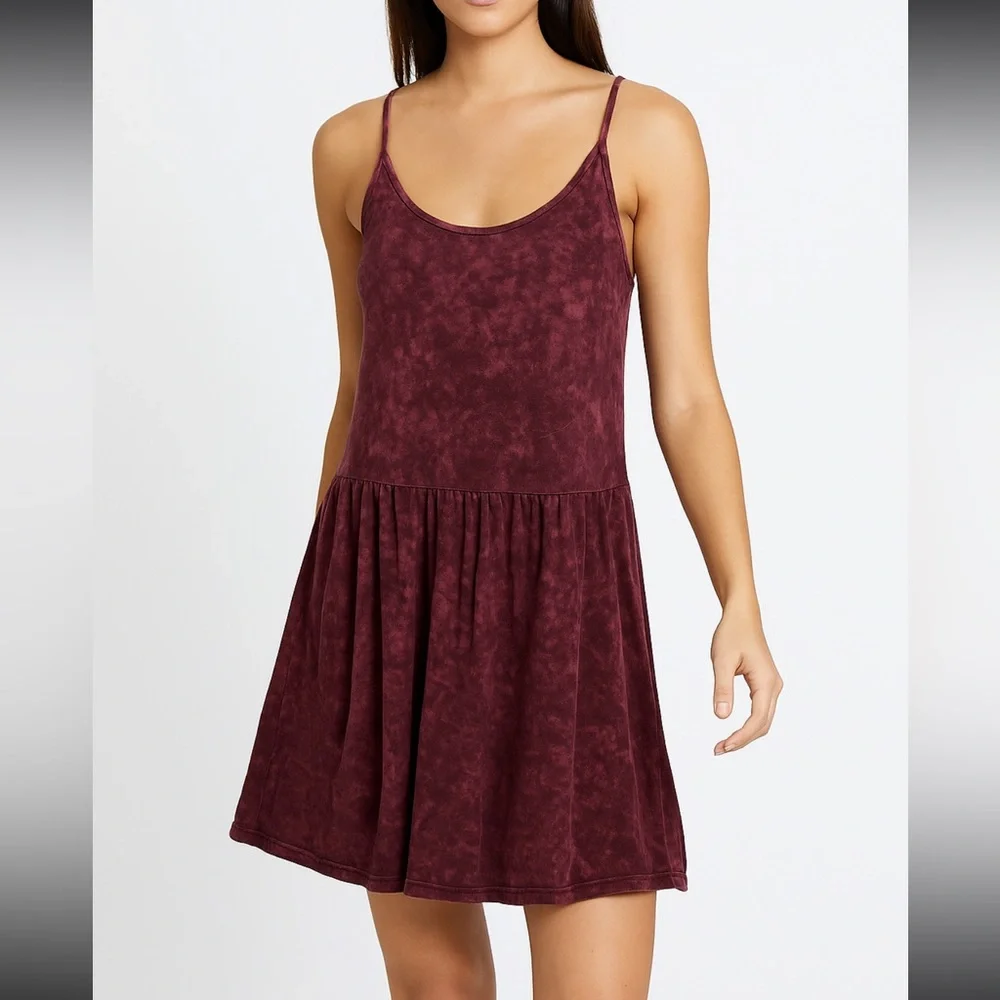 POL Burgundy Acid Wash Babydoll Mini Dress with Spaghetti Straps Size Small - Picture 1 of 7